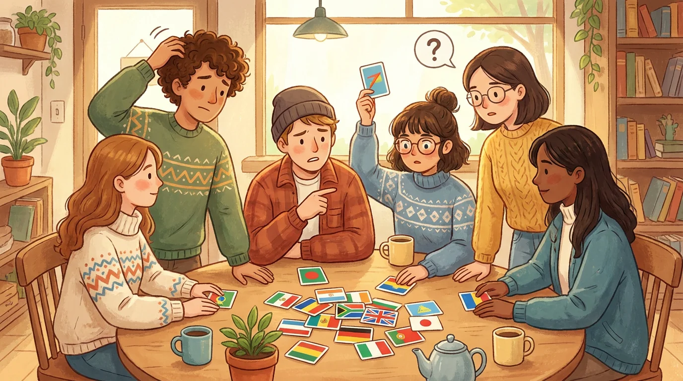 Group of people trying to identify world flags on colorful cards