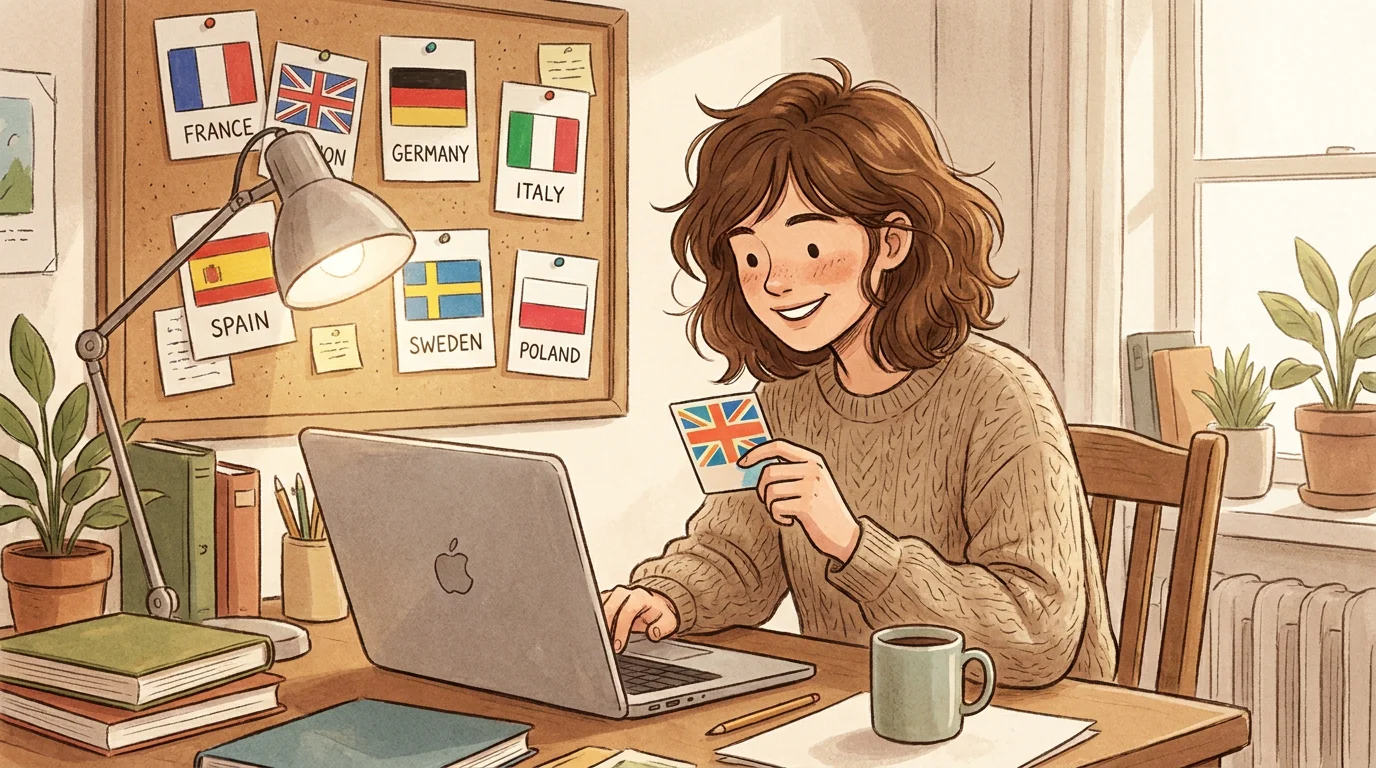 Young woman studying world flags at her desk with colorful flashcards