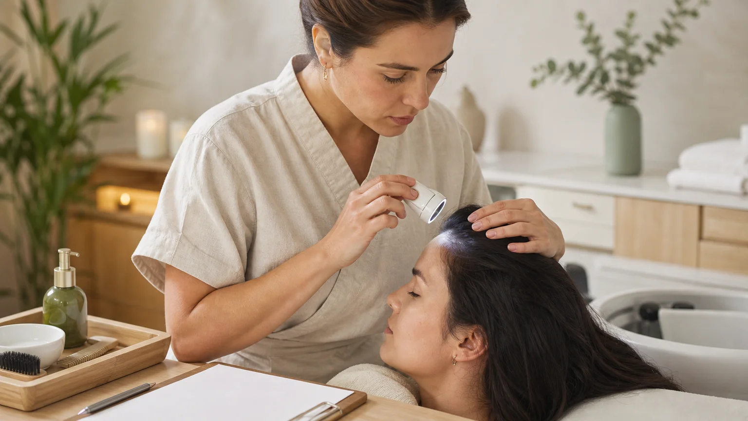 Diagnostic personnalisé du cuir chevelu avant un soin Head Spa