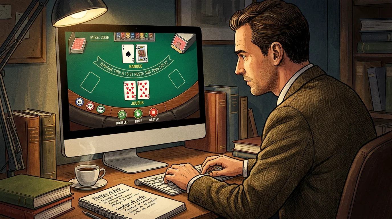Joueur appliquant une stratégie de base au blackjack en ligne