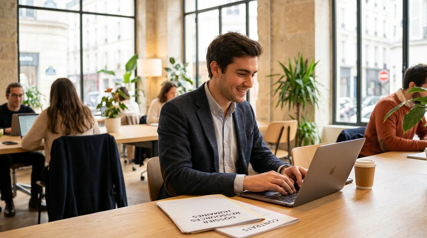 Étudiant en alternance RH travaillant dans un espace de coworking moderne à Rennes