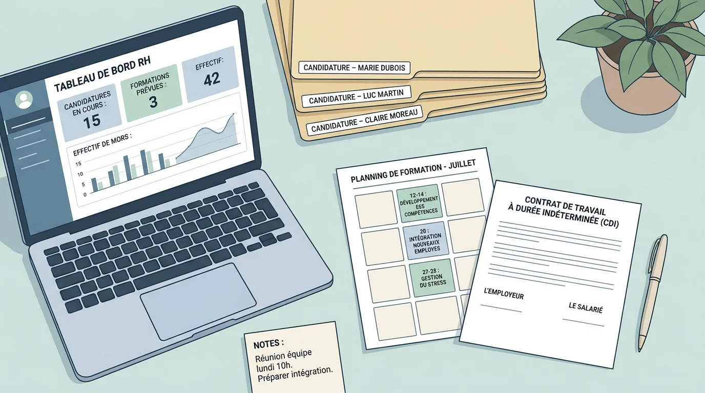 Vue aérienne d'un bureau de ressources humaines avec documents de recrutement et contrats