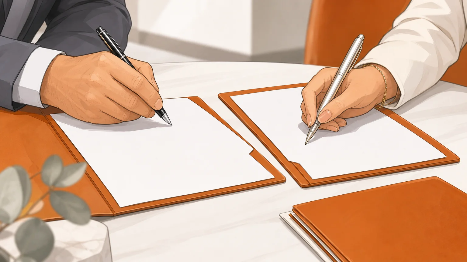 Gros plan sur des mains signant des documents juridiques sur un bureau clair, sans visage visible.