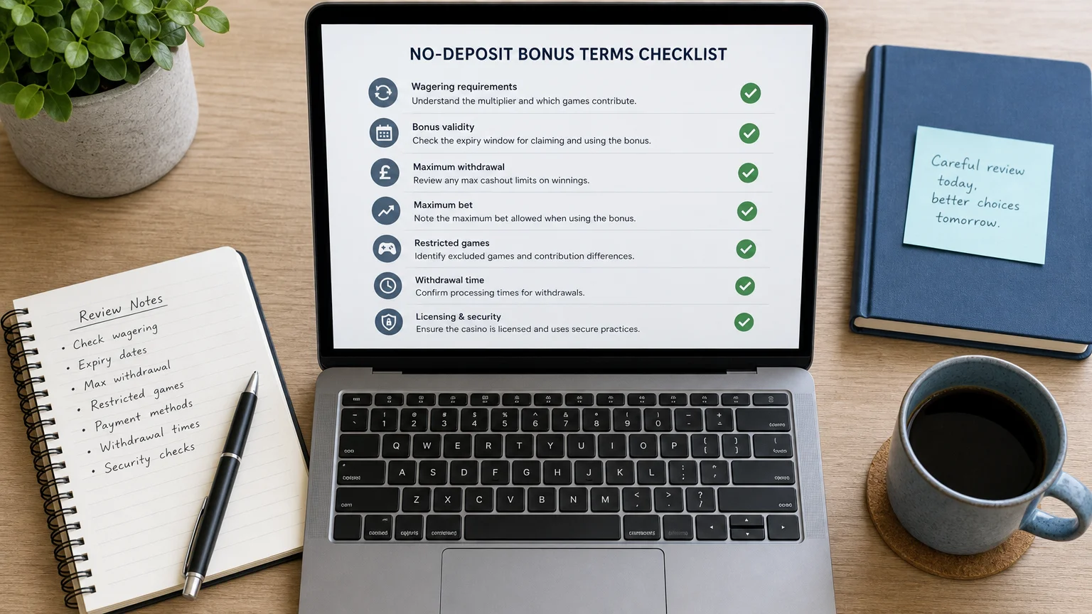 Flat-lay desk scene representing a checklist for claiming a casino bonus