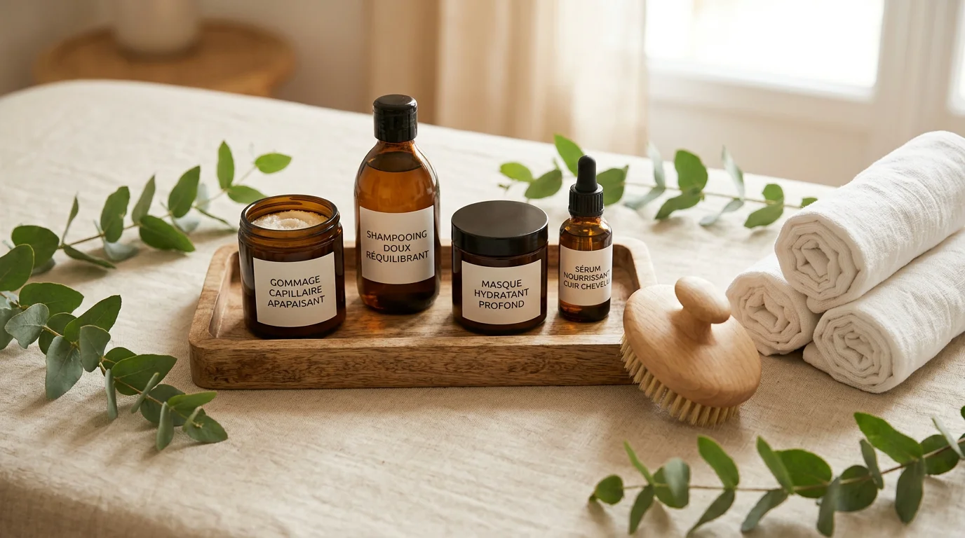 Sélection de produits head spa professionnels disposés sur un plateau en bois