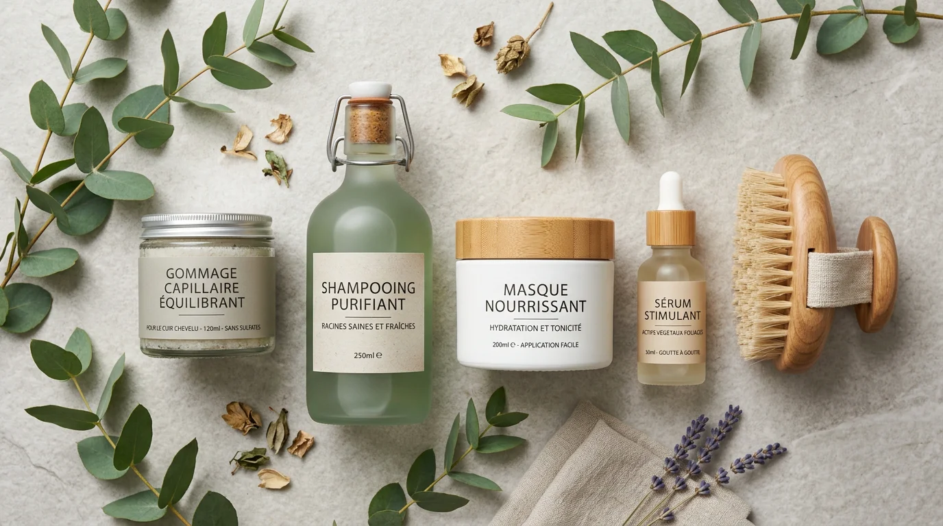 Gamme de produits head spa disposée à plat sur une surface en pierre naturelle