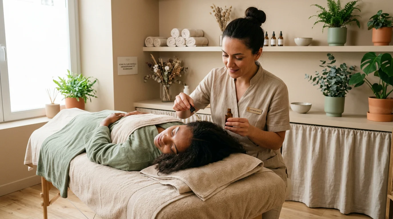 Praticienne appliquant un sérum head spa sur le cuir chevelu d'une cliente en cabine
