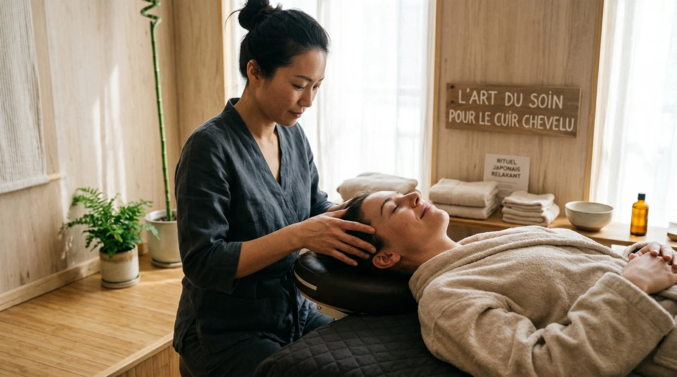 Praticienne réalisant un massage crânien traditionnel japonais du cuir chevelu