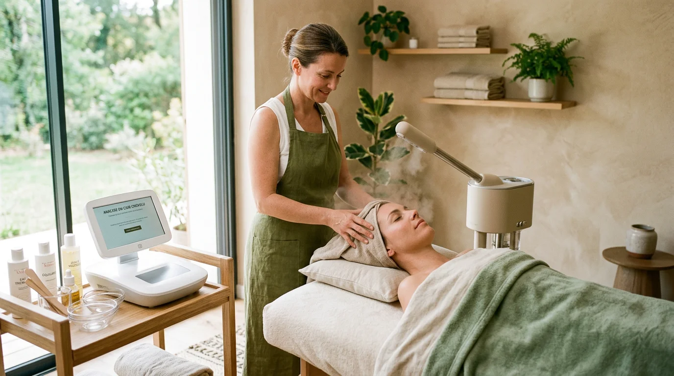 Praticienne réalisant un soin de cuir chevelu dans une cabine de head spa moderne
