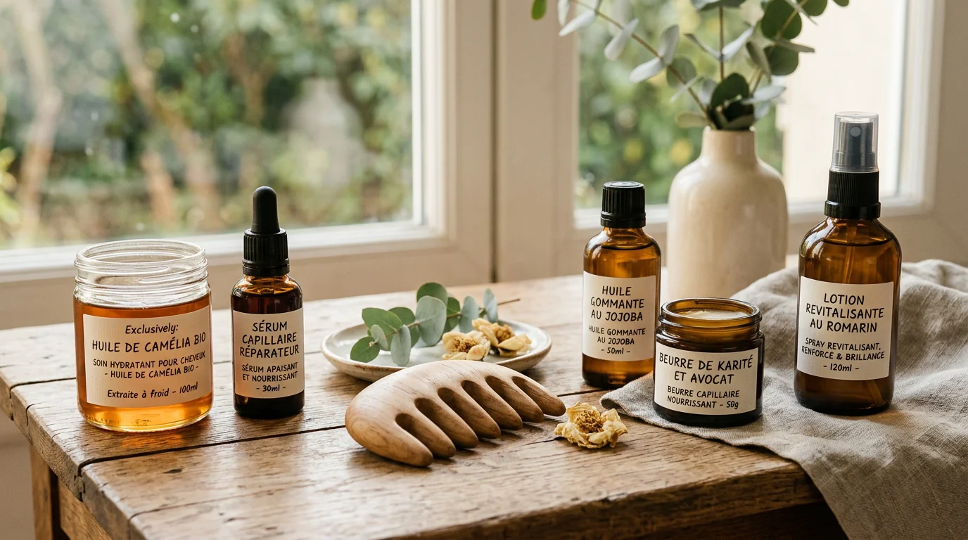 Produits naturels et accessoires utilisés lors d'un soin head spa