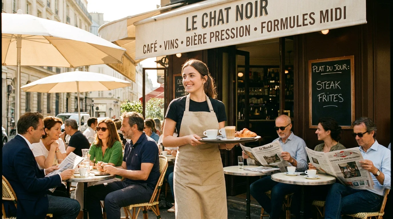 Jeune serveur dans un café parisien en été, illustration d'un job d'été typique à Paris
