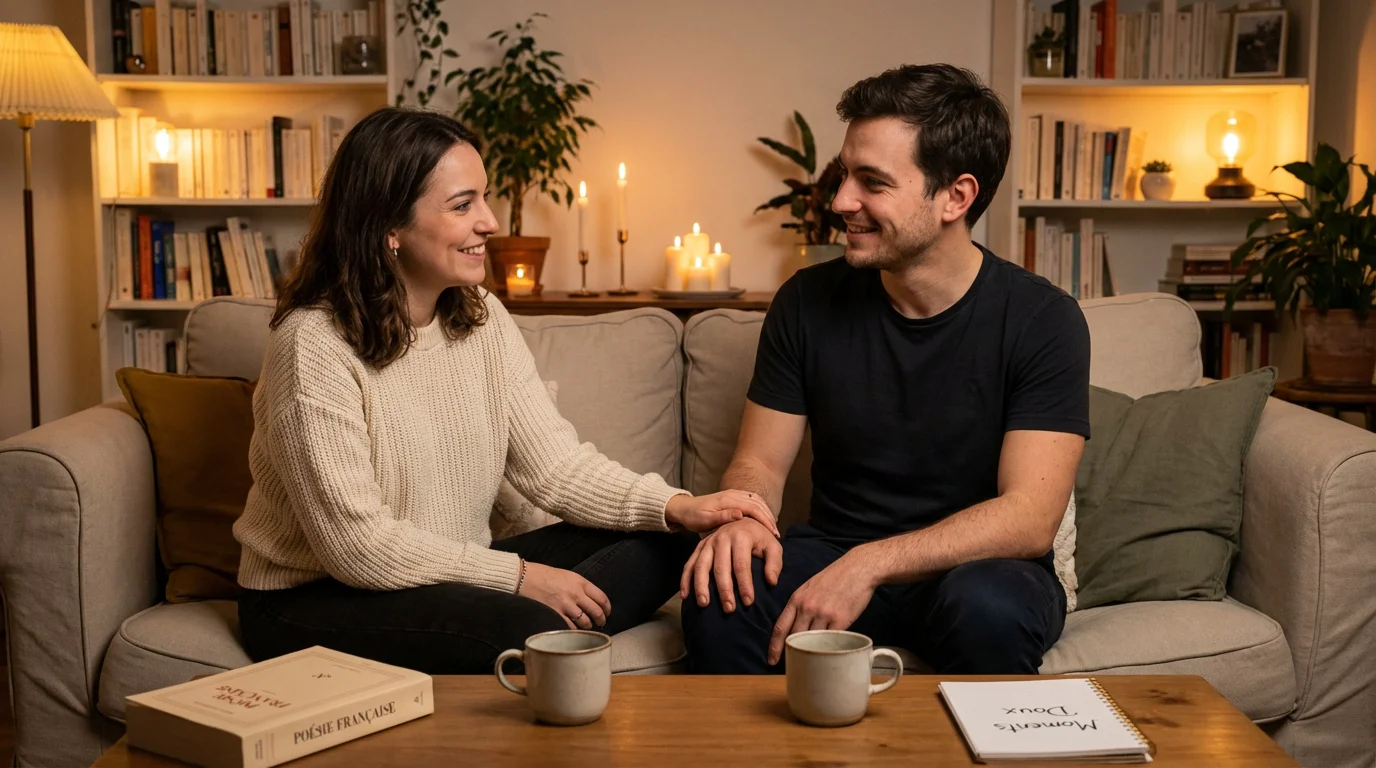 Couple européen partageant un moment tendre avec un contact physique subtil dans un salon chaleureux