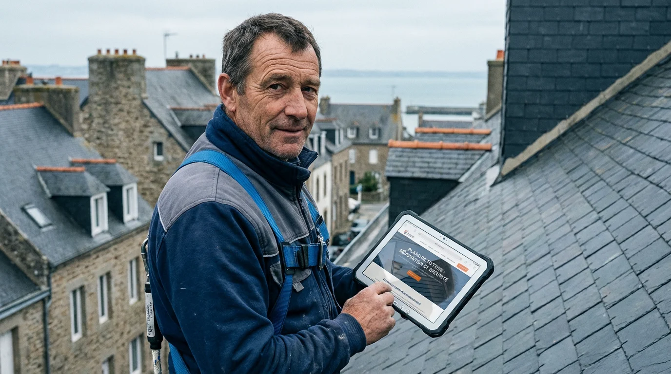 Couvreur consultant son site internet professionnel sur tablette depuis un toit