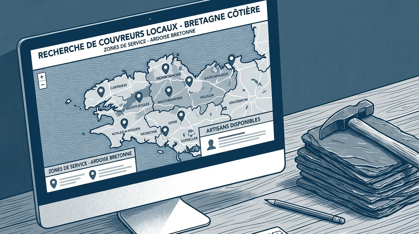 Recherche locale sur écran avec carte et outils de couvreur symbolisant le SEO local