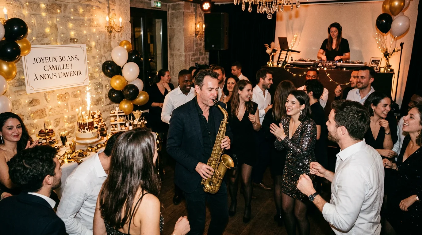 Saxophoniste live jouant au milieu des invités lors d'un anniversaire animé par un DJ