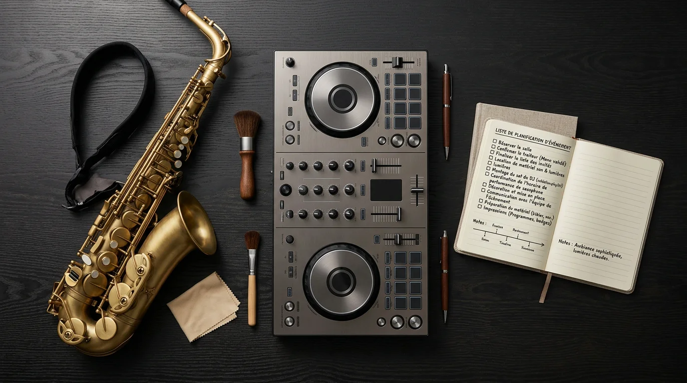 Saxophone et matériel de DJ disposés à côté d'une fiche de préparation d'événement