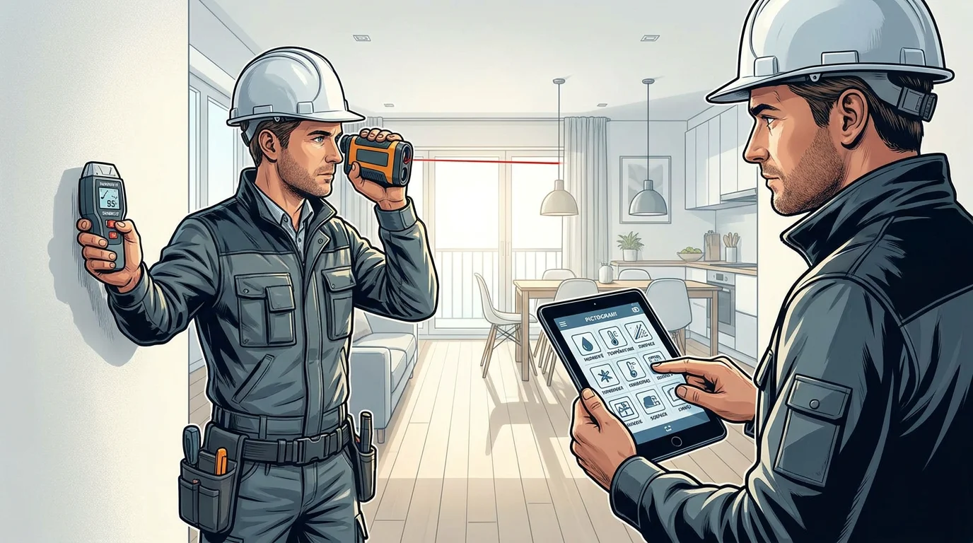 Diagnostiqueur immobilier inspectant un logement avec des instruments de mesure