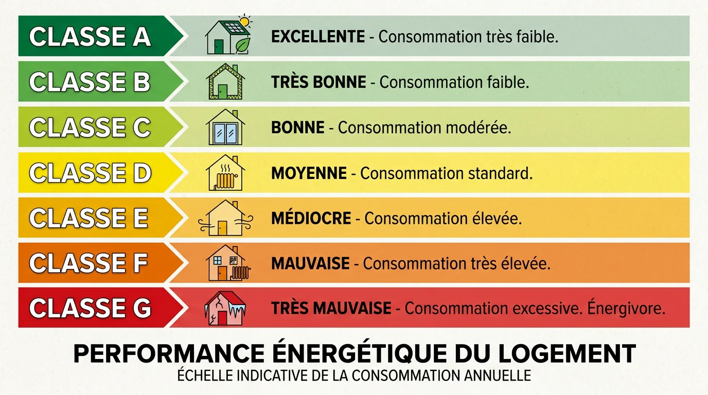 Échelle de performance énergétique DPE de A à G pour un logement