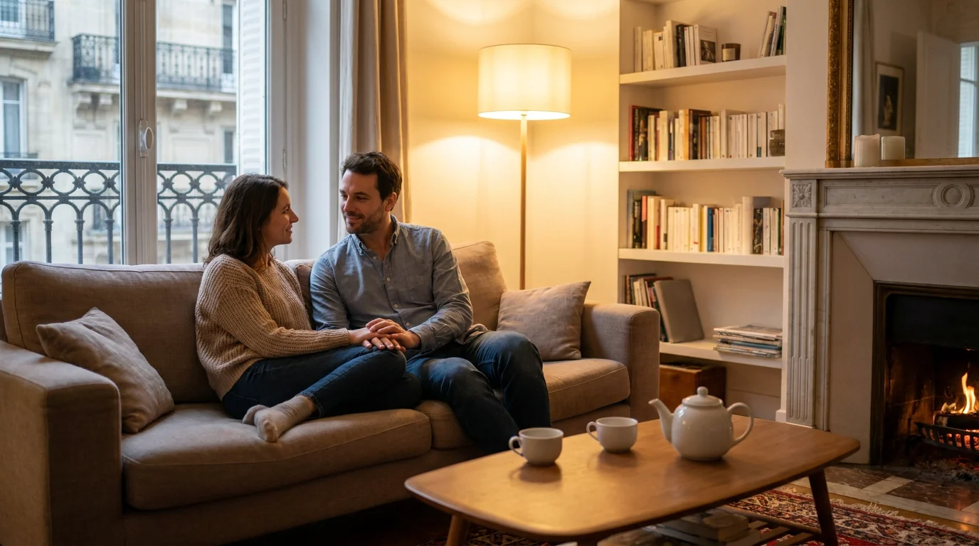 Couple européen assis sur un canapé dans un salon chaleureux, se tenant les mains avec complicité
