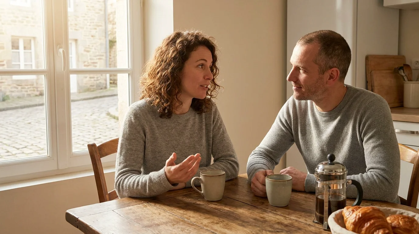Couple européen discutant calmement à une table de cuisine, lumière matinale douce