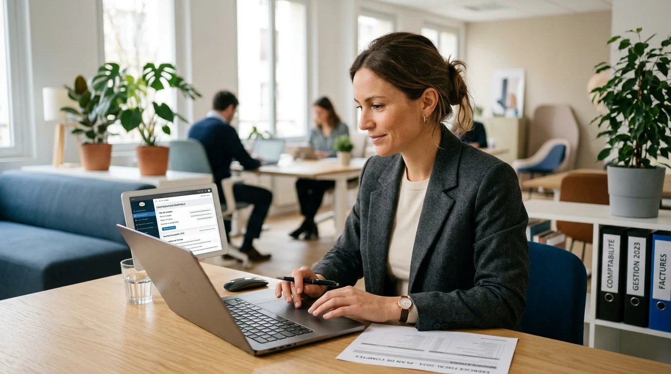 Professionnelle européenne paramétrant un logiciel de facturation sur un ordinateur portable