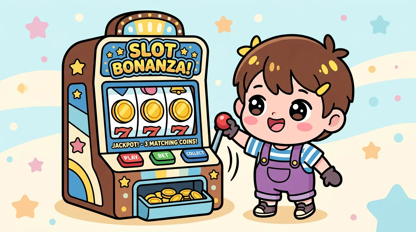 Chibi cartoon character pulling a colorful slot machine lever