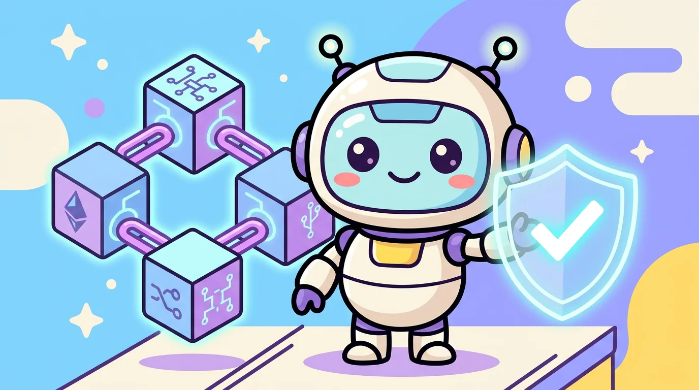 Chibi robot mascot holding a checkmark shield next to blockchain cubes
