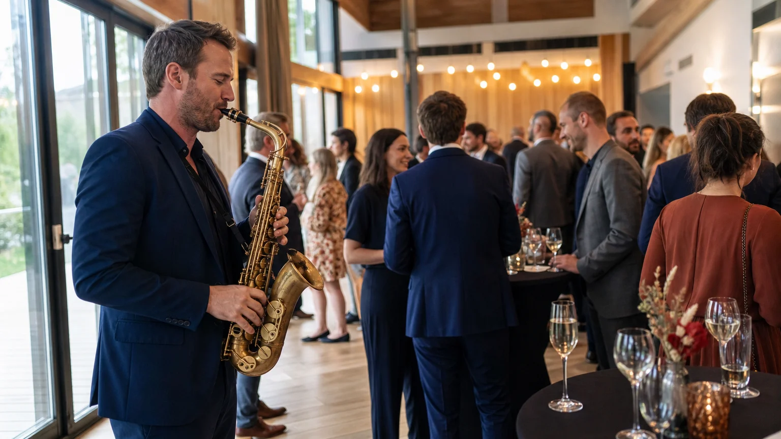 Musicien au saxophone pendant un cocktail d’anniversaire d’entreprise