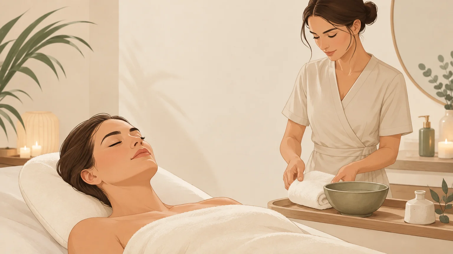 Rituel de soin du visage dans une cabine calme et épurée