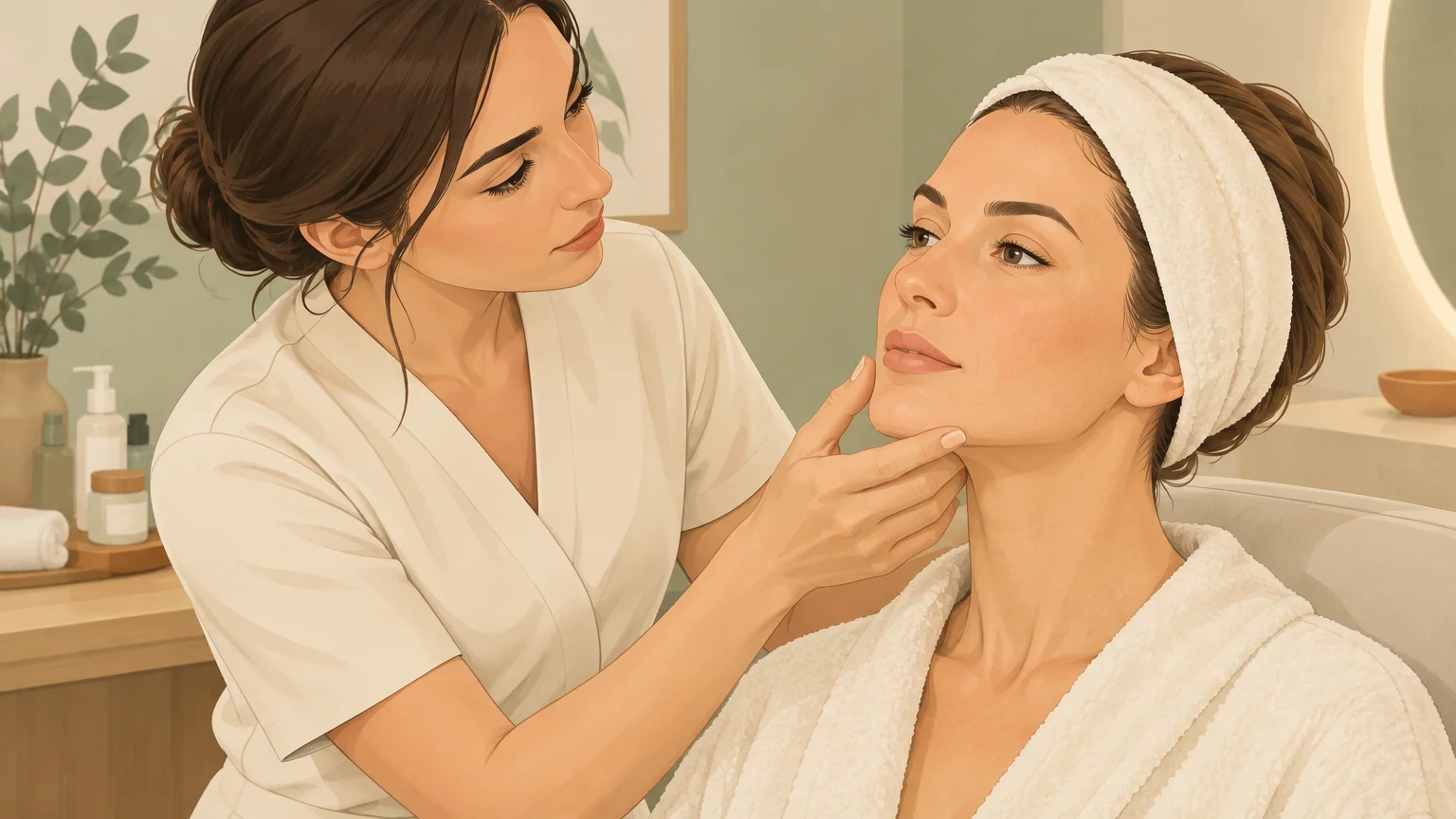 Échange en cabine pour évaluer les besoins de la peau avant un soin du visage