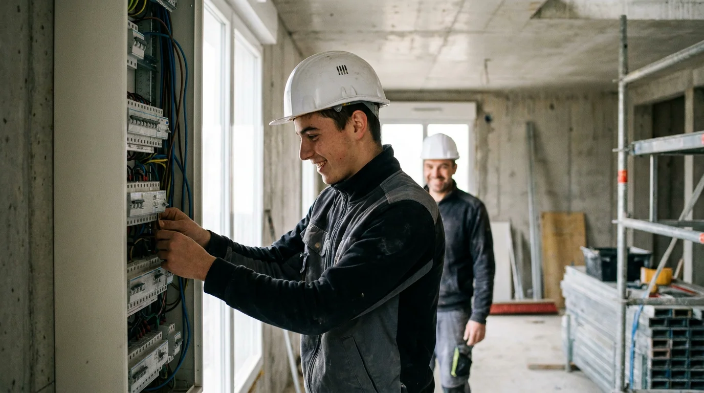 Apprenti électricien en alternance travaillant sur un tableau électrique en France