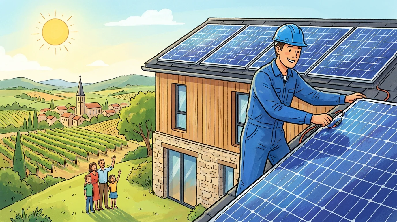 Technicien électricien installant des panneaux solaires sur une maison en France