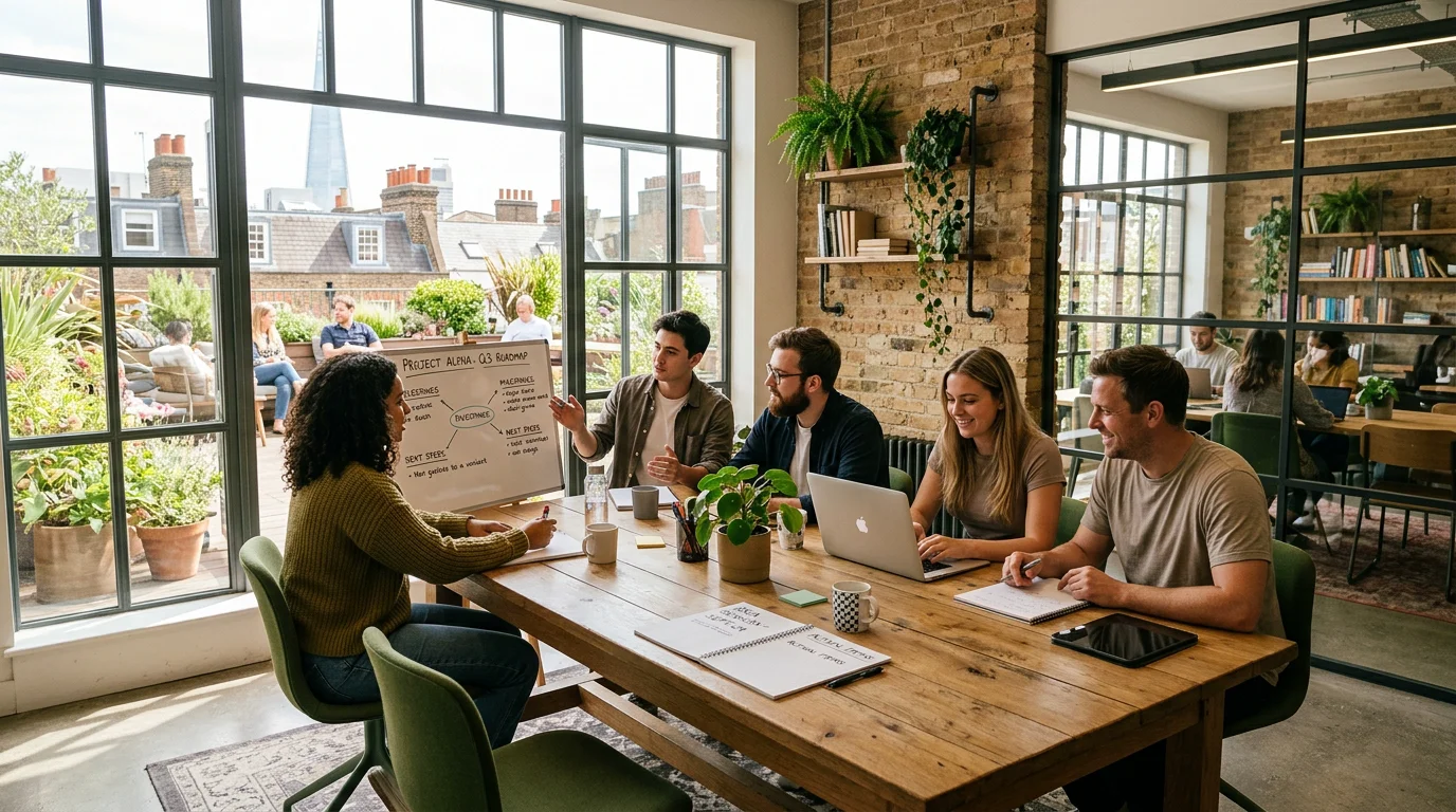 Startup team collaborating in a bright Bristol coworking space