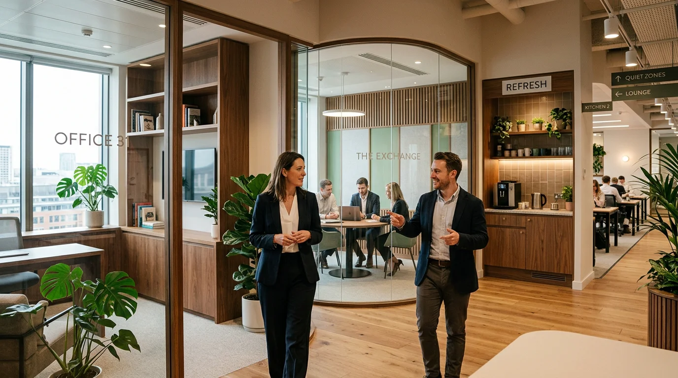 Founder touring a private office inside a Bristol coworking hub