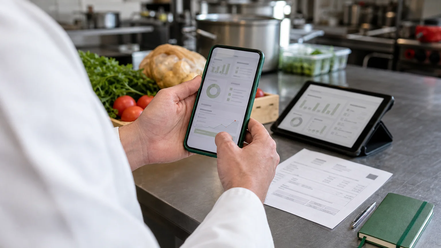 Chef consultant une alerte de prix sur smartphone au milieu de produits et d’une facture fournisseur
