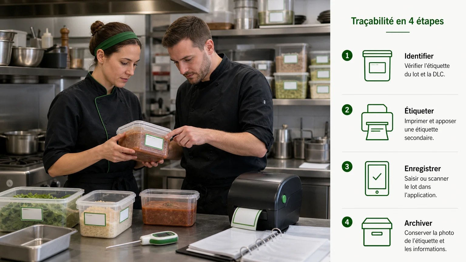 Membres d’une brigade vérifiant une étiquette de lot et des éléments HACCP en cuisine