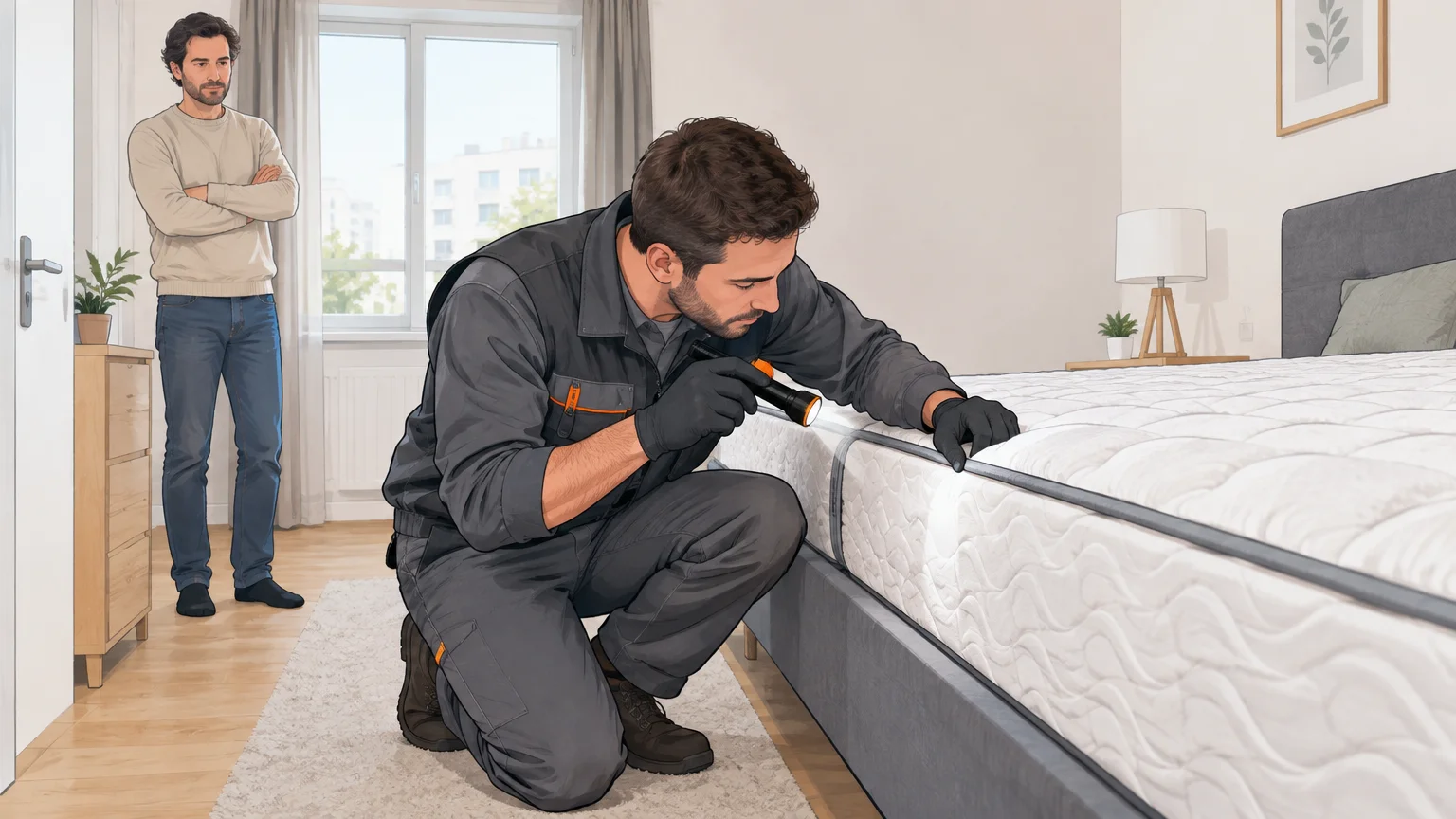 Un technicien inspecte les coutures d’un matelas dans un appartement du Val-de-Marne.