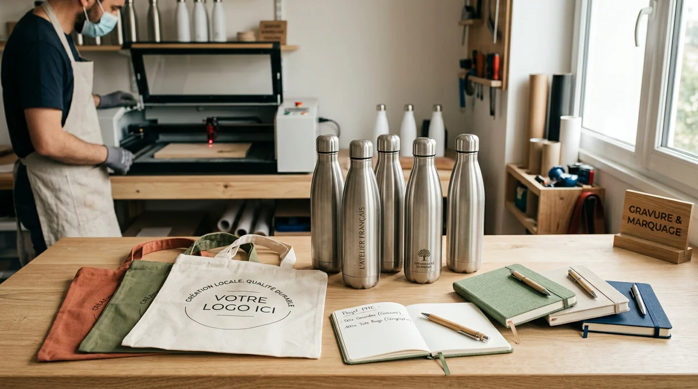 Objets publicitaires personnalisables dans un atelier de fabrication en France