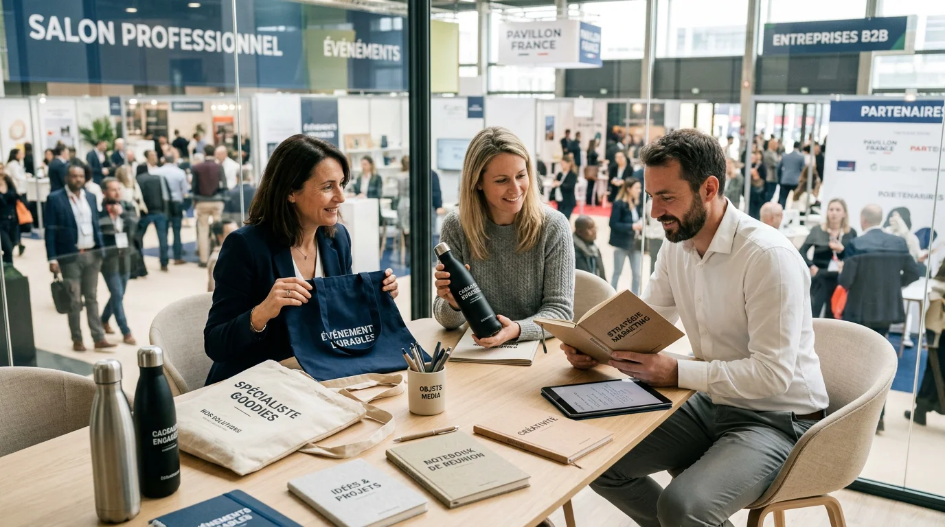 Équipe marketing sélectionnant des objets publicitaires personnalisés lors d'une réunion