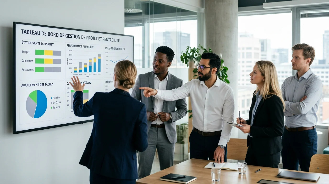 Consultants européens analysant un tableau de bord de rentabilité dans un cabinet de conseil