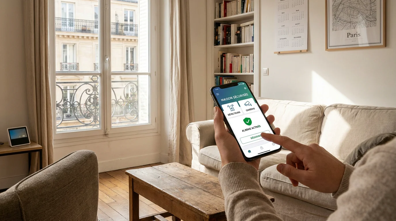 Pilotage d'une alarme sans fil depuis un smartphone dans un salon moderne