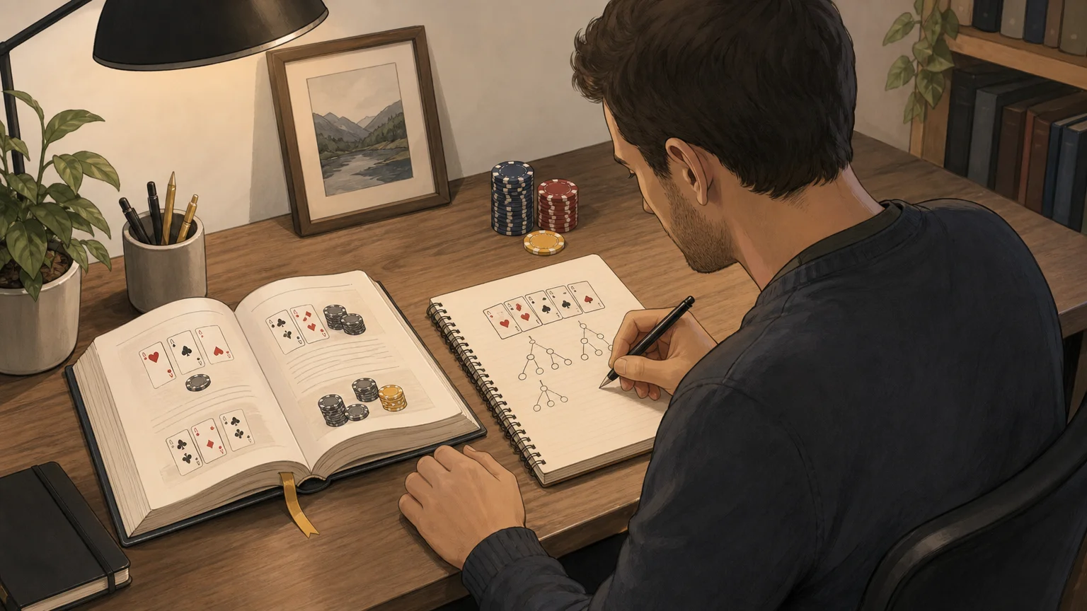 Montrer un joueur qui étudie une main à partir d’un ouvrage et de notes, pour illustrer l’apprentissage appliqué.