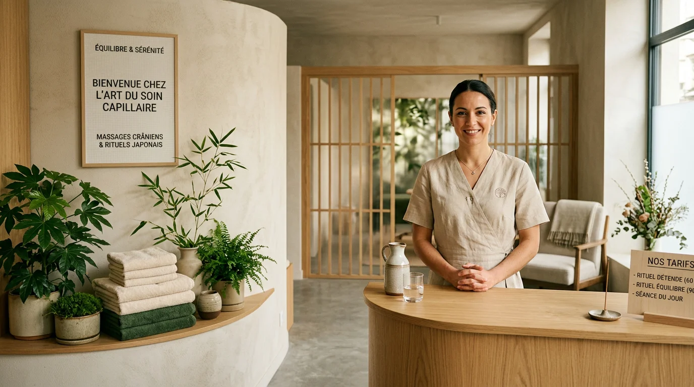 Professionnelle du bien-être accueillant ses clientes dans un salon de Head Spa apaisant