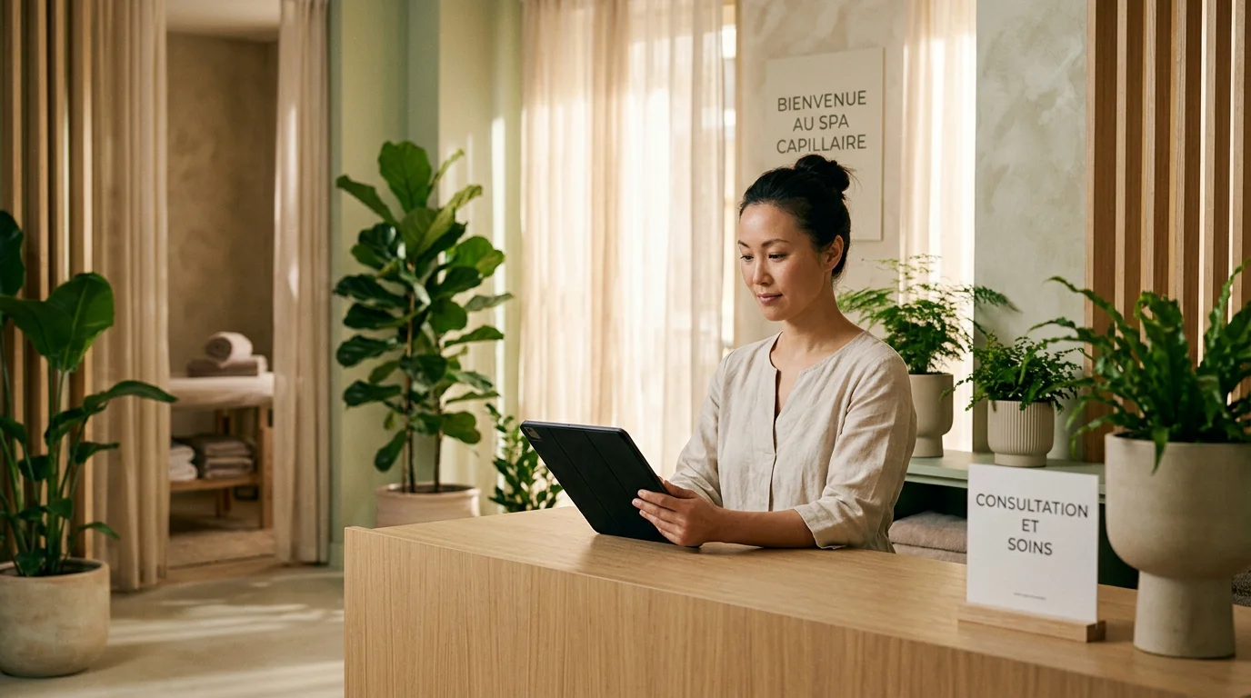Professionnelle du bien-être analysant un avis client sur une tablette à l'accueil de son salon