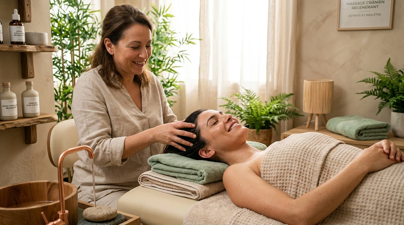 Praticienne réalisant un soin Head Spa apaisant sur une cliente détendue