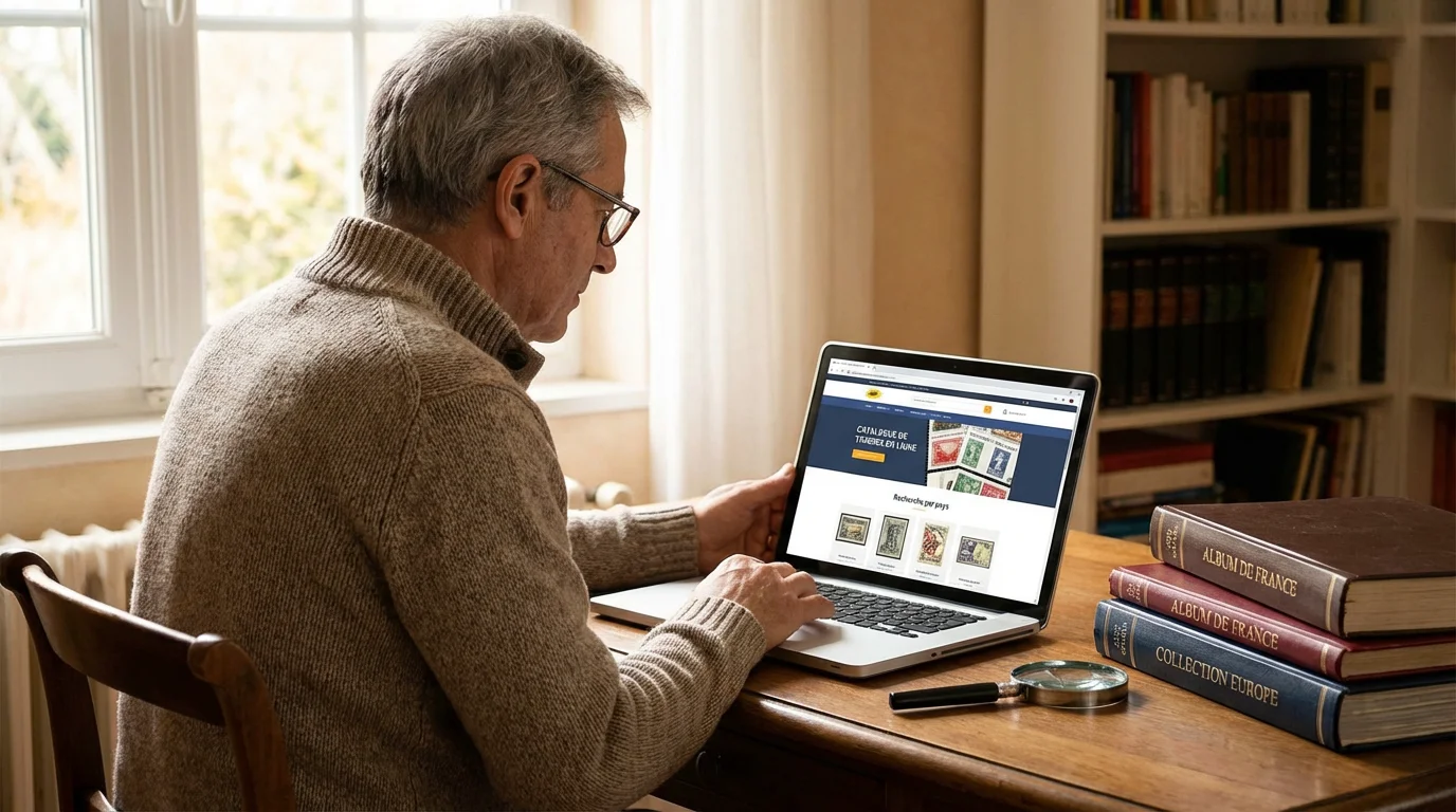Collectionneur utilisant un logiciel de philatélie sur ordinateur portable