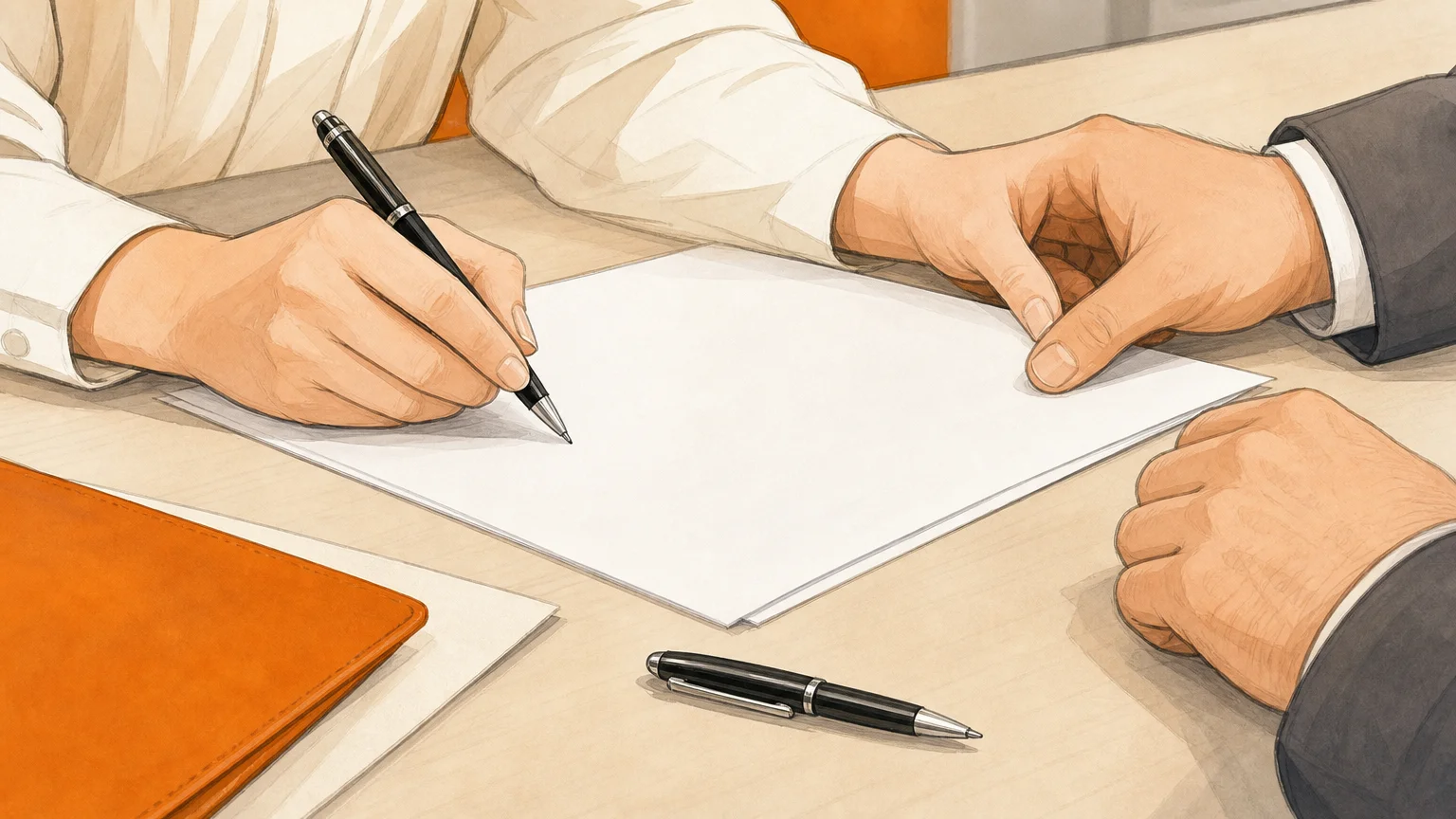 Gros plan illustré de mains anonymes signant un document neutre dans un cadre juridique.