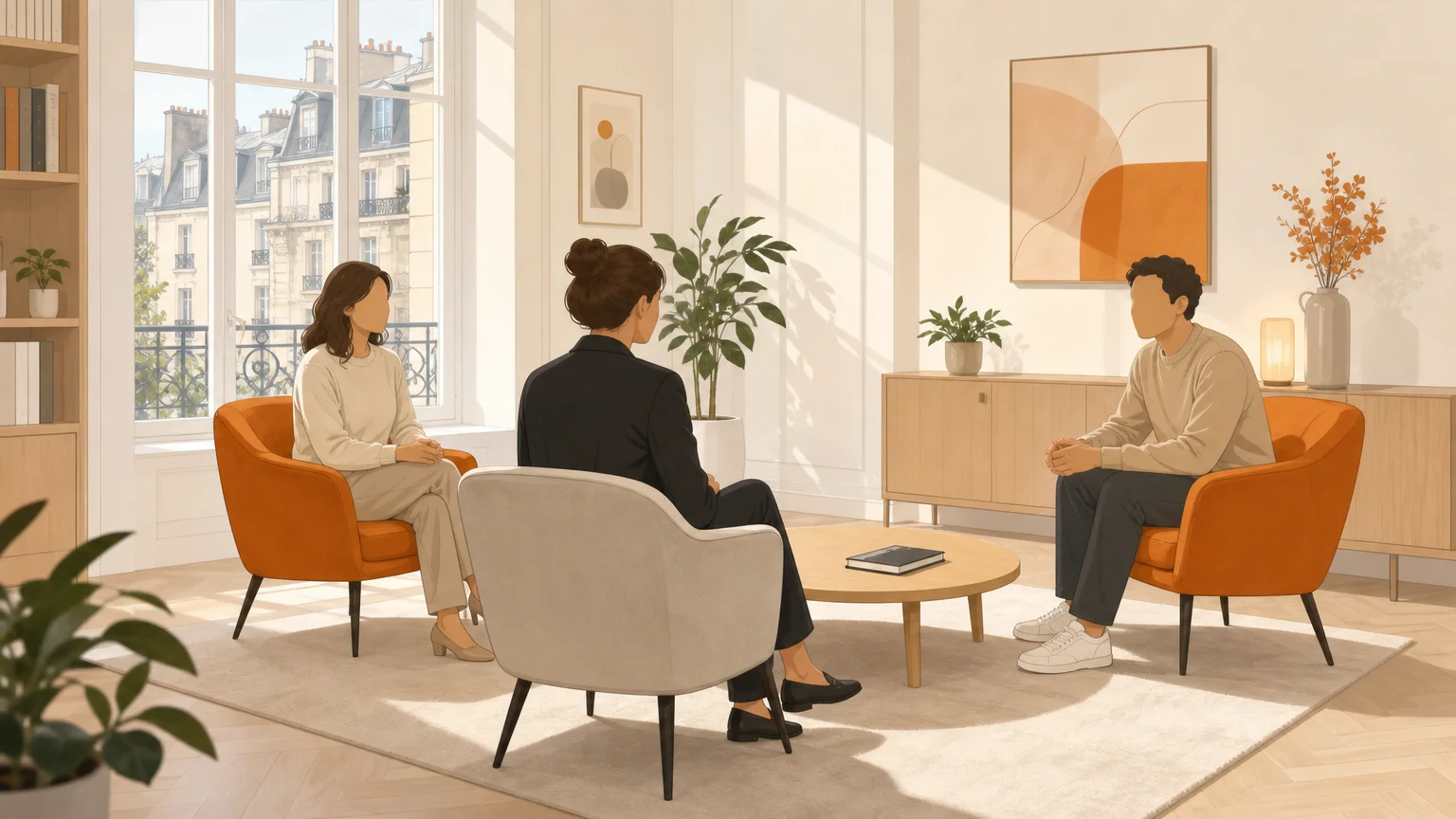 Illustration en plan large d’une séance de médiation familiale avec trois silhouettes anonymes dans une pièce lumineuse.