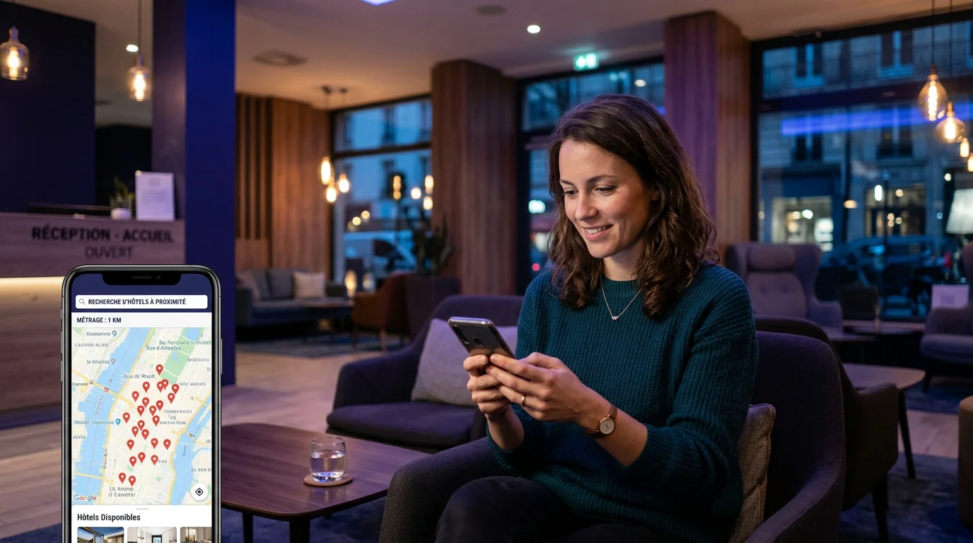 Voyageur cherchant un hôtel proche de lui pour le soir même sur son smartphone