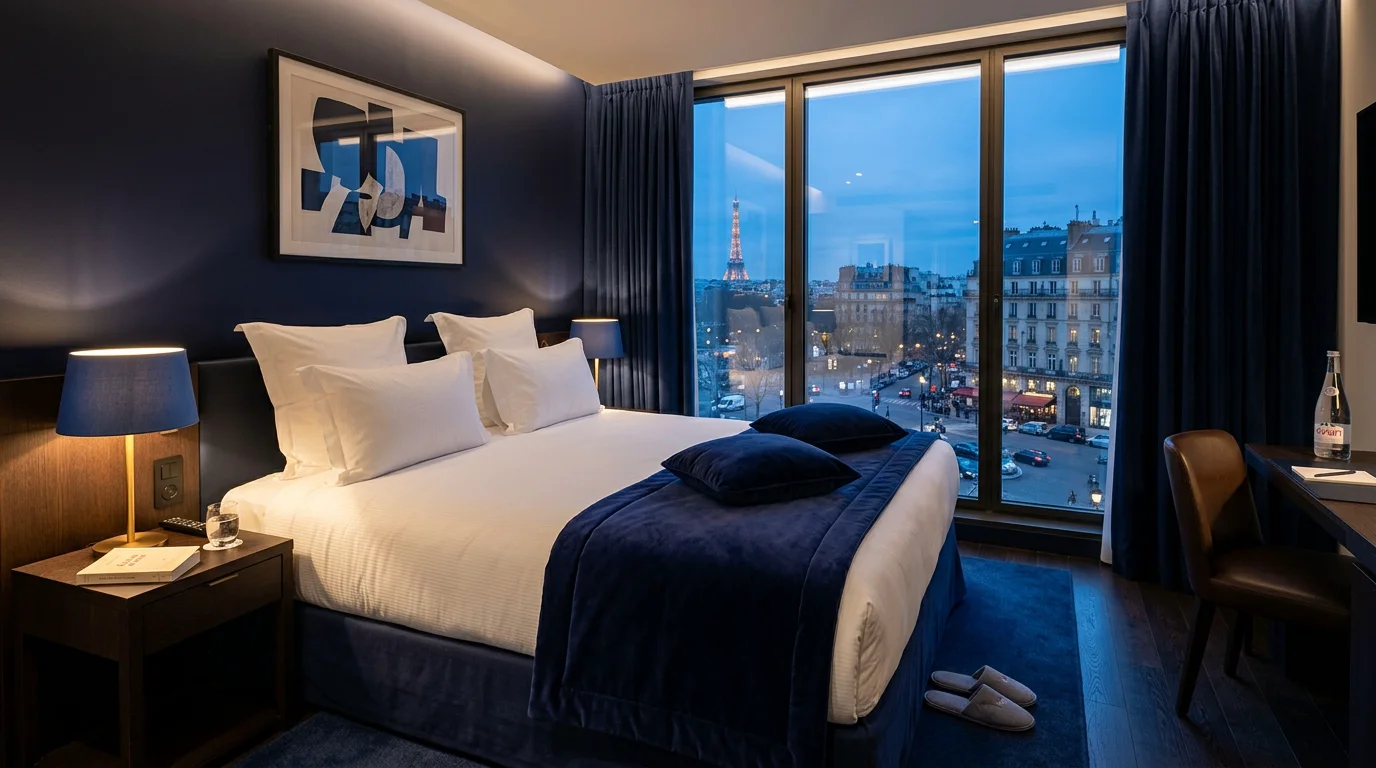 Chambre d'hôtel prête pour une arrivée en soirée dans une ville française